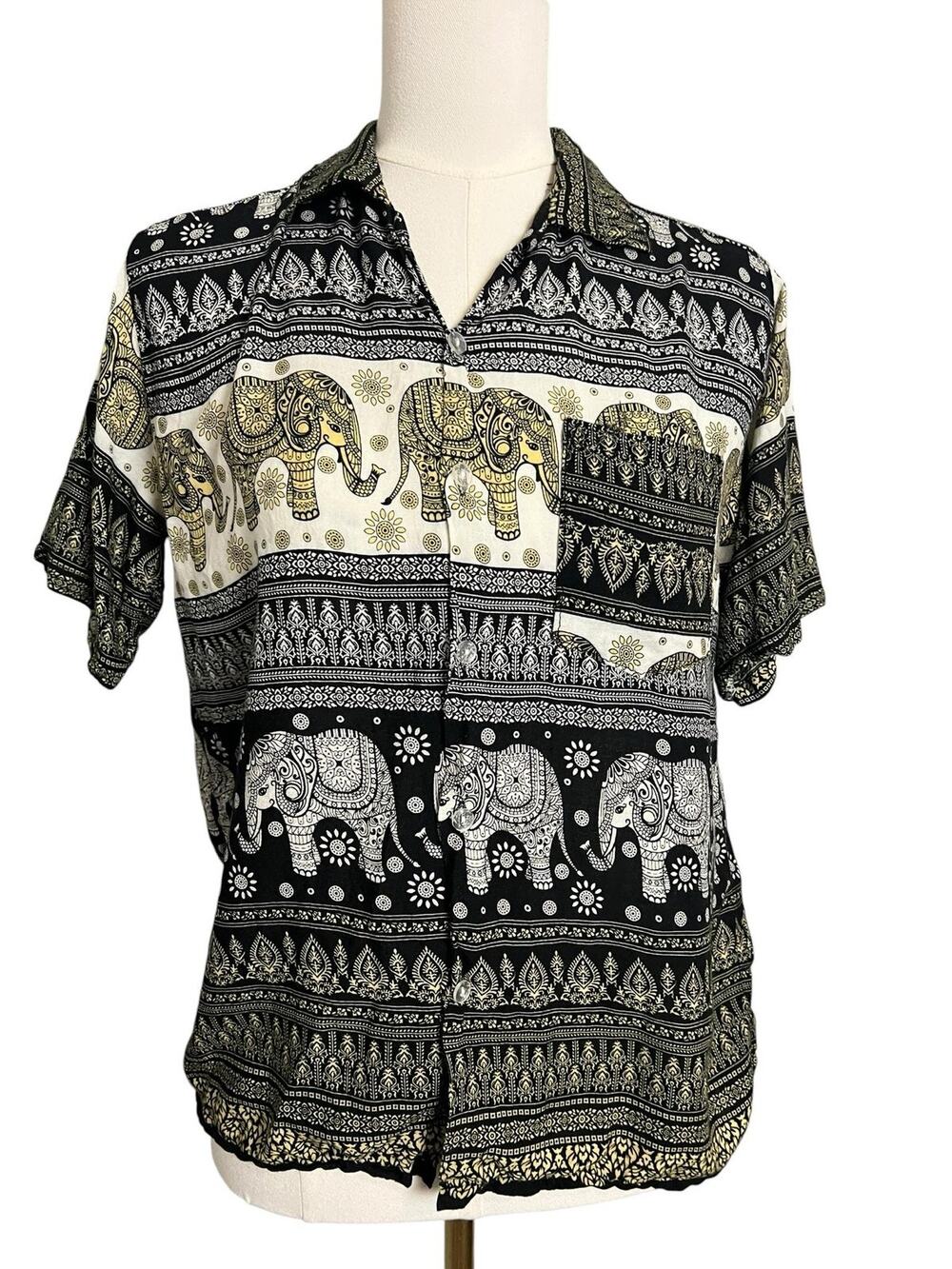 Thai Elephant Print Rayon Camp Shirt Womens Medium Boho Button Up Top